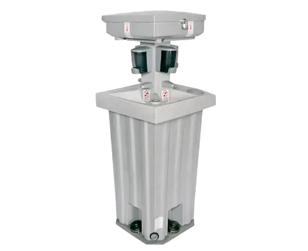 Portable handwashing station with rectangular base, two soap dispensers on top, and foot pump mechanism for water dispensing.